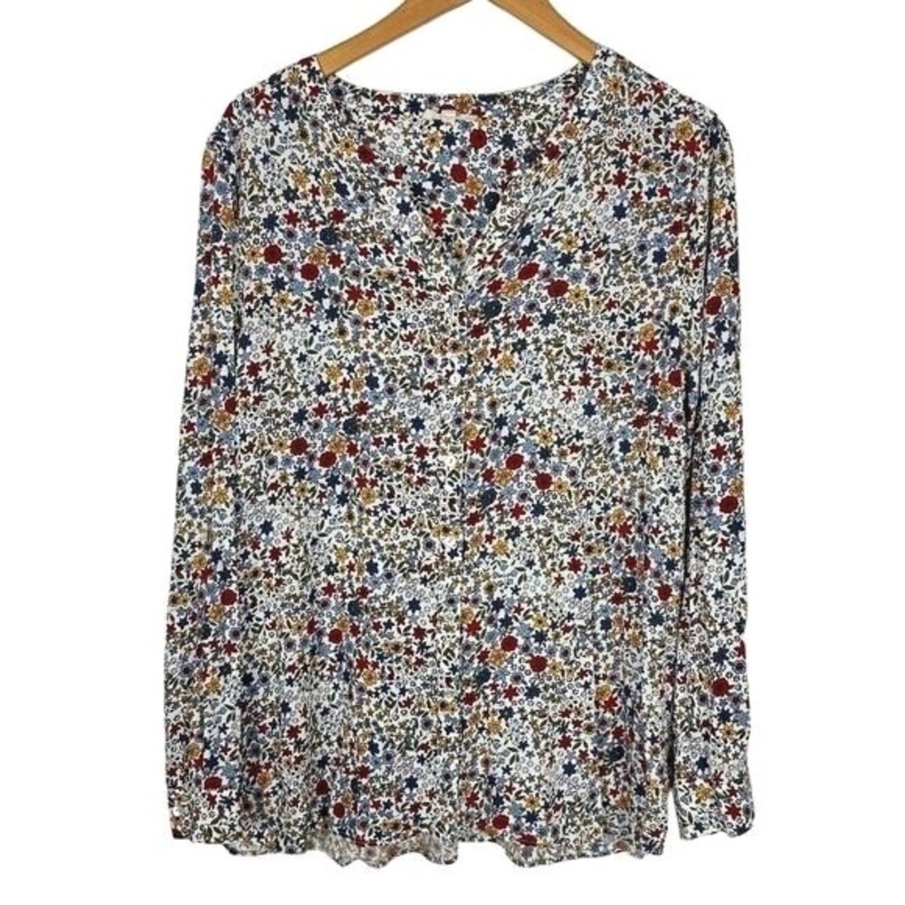 Jane and Delancey Floral Shirt Womens Large Button Up Roll Tab V Neck Rayon Top